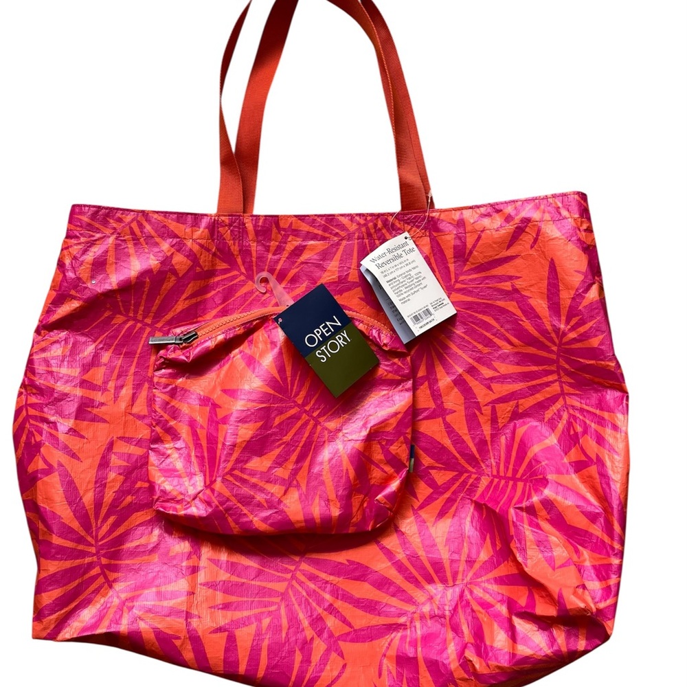 Open Story Pink & Orange Reversible Tropical Tote, Small Matching Bag, NWT